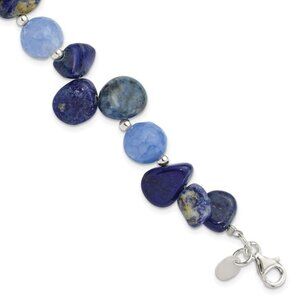 925 Sterling Silver Agate with Shell, Lapis and Sodalite Bracelet w 1 inch ext.